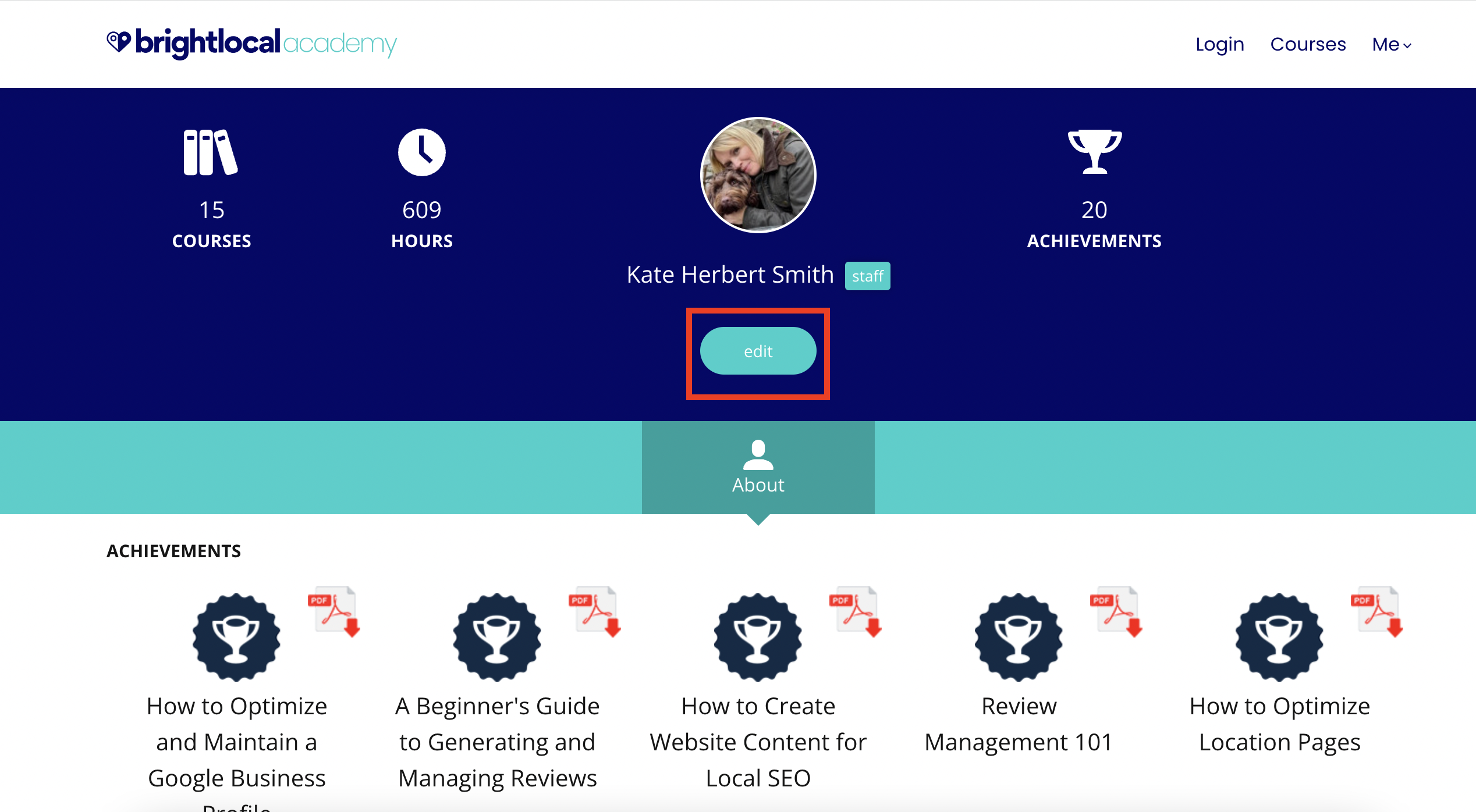 How do I view my BrightLocal Academy profile and make changes to my