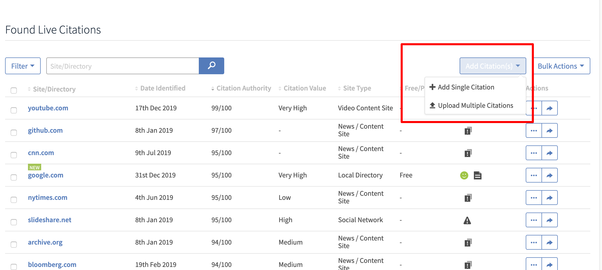 Can I bulkupload Citations to the report? BrightLocal