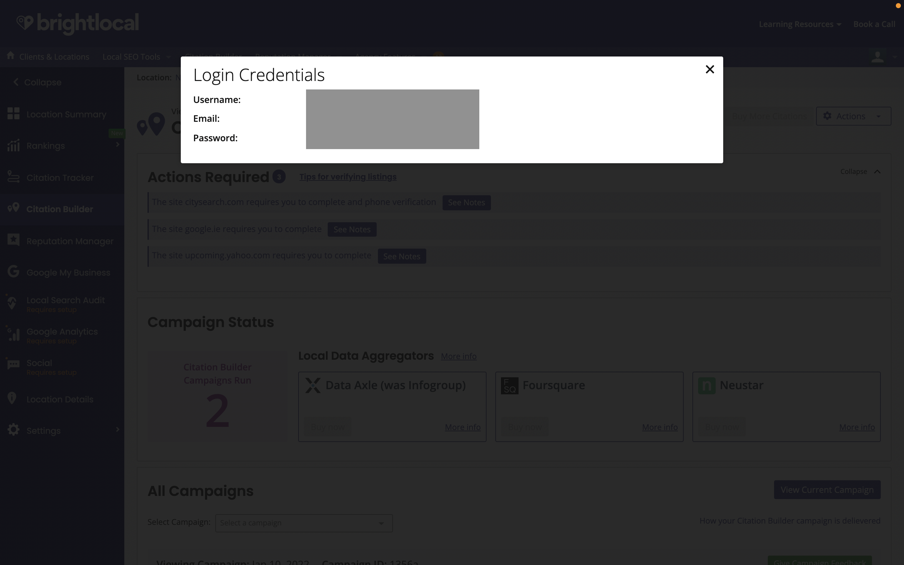Where Can I Find The Login Details For Listings Created In My Citation Builder Campaign Brightlocal Help Center