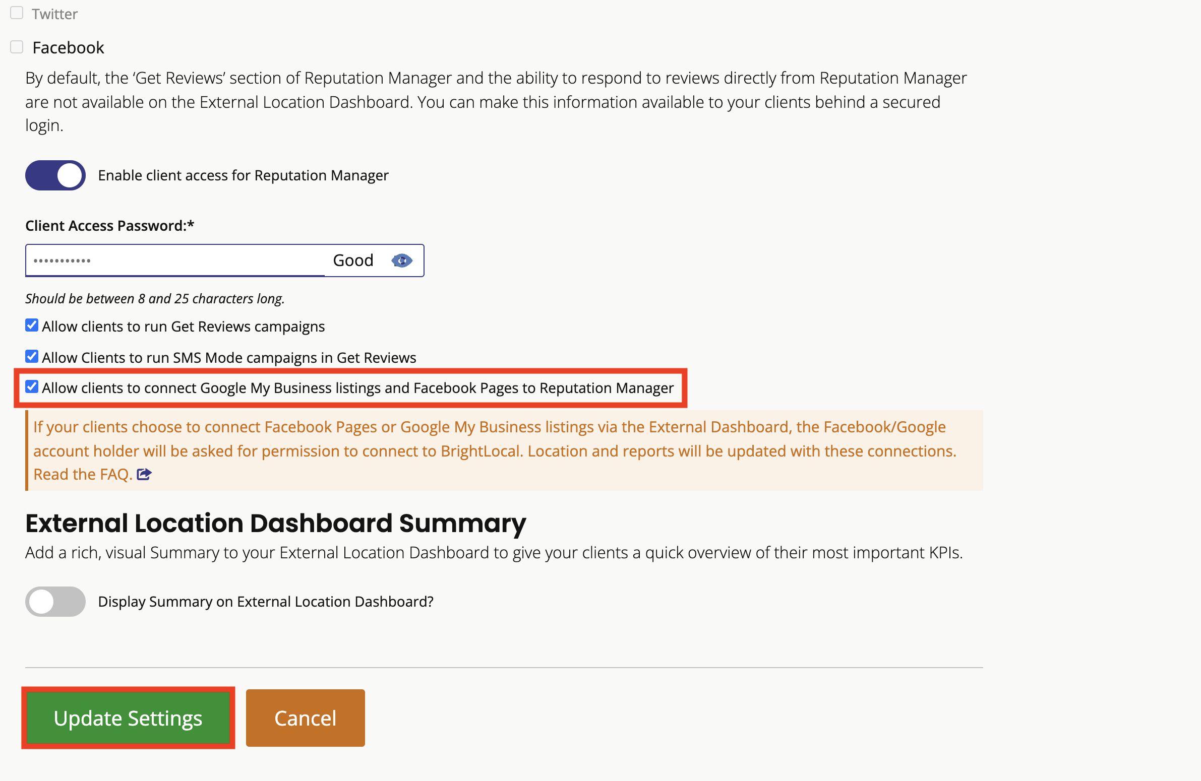 How can clients connect their Facebook pages and Google Business Profiles  to their Reputation Manager reports via External Dashboard? – BrightLocal  Help Center